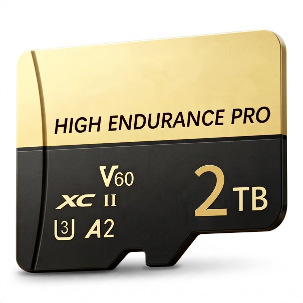 Micro SD-muistikortti 2 TB High Endurance Pro MicroSDXC V60 U3 A2 SD-adapterilla Kulta ja musta Kameralle, valokuvauskameralle ja mobiililaitteille 1