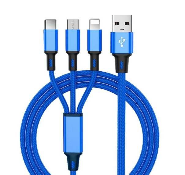 Micro USB / USB-C / Lightning laddningskabel blå