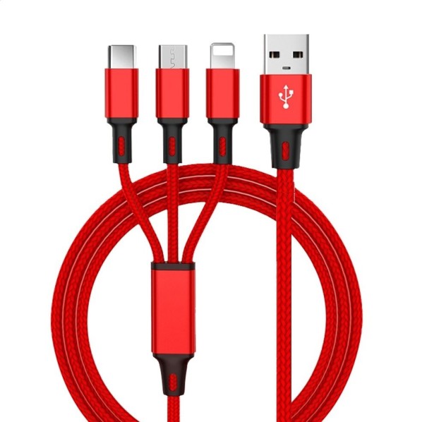 Micro USB / USB-C / Lightning-opladerkabel rød
