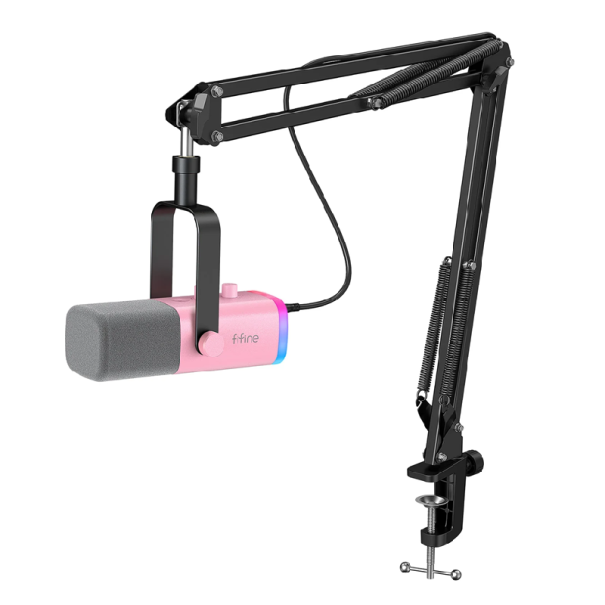Microfon de birou pentru jocuri USB și 3,5mm cu braț ajustabil de 66 cm, iluminare RGB cu 10 moduri, tăiere tactilă, control al volumului roz