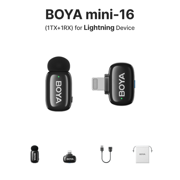 Microfon lavalieră wireless BOYA mini Lightning pentru iPhone, rază de acțiune de 100 m, autonomie a bateriei de 30 h, anulare a zgomotului DSP 1