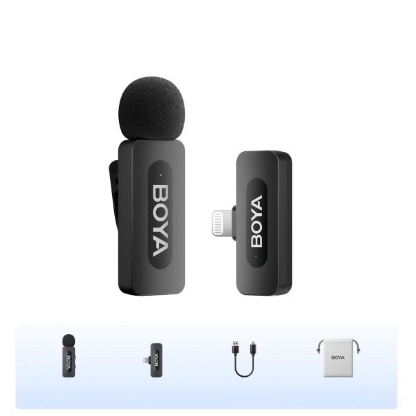 Microfone de lapela sem fios para iPhone Lightning 10 m de alcance 10 h de autonomia Plug and Play DSP redução de ruído Gravação de som omnidirecional 1