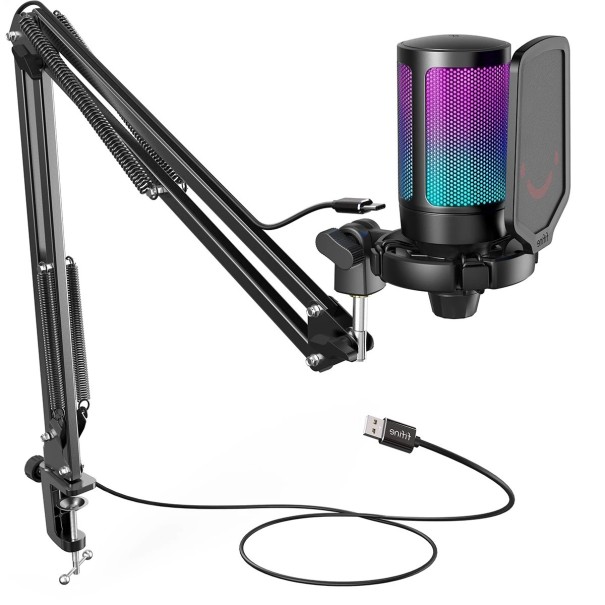 Microfone USB com retroiluminação colorida 192 kHz Silenciamento táctil Braço flexível Suporte anti-vibrações Filtro anti-sibilância Gravação preto