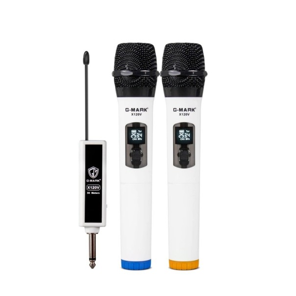 Microfoni a mano senza fili 2 pz con unità per ingresso jack 6,35 mm Per canto e parola parlata Lunghezza 24 cm Batteria 1200 mAh Corpo in plastica 1