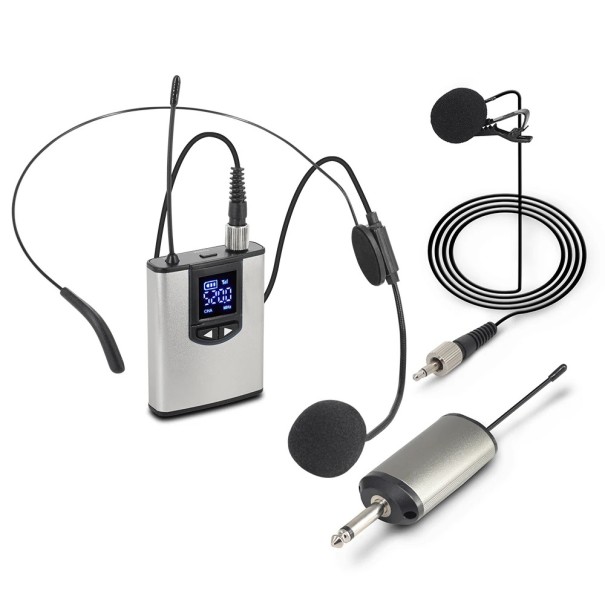 Microfono wireless a clip e headset con trasmettitore portatile portata 50 m jack 6,35 mm ricarica Micro USB argento per conferenze 1