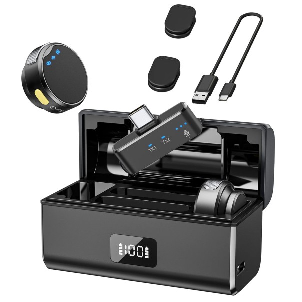 Microfono wireless magnetico USB-C 100 m di portata 6+23 h di autonomia Riduzione del rumore Riverberazione Monitoraggio Custodia di ricarica Design ultraleggero nero
