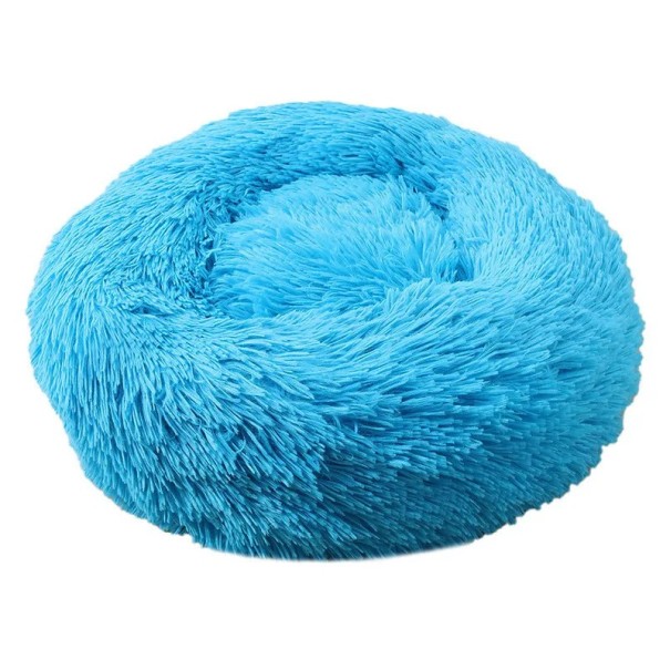 Microplush hundsäng i form av en munk Ø60 cm Mjuk rund säng med långt hår Andas och tvättbar ångestdämpande säng Bekväm säng för små och medelstora hundar blå