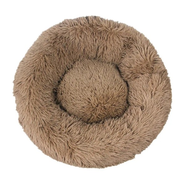 Microplys hundeseng formet som en donut Ø70 cm Blød rund seng med langt hår Åndbar og vaskbar angstdæmpende seng Komfortabel seng til små og mellemstore hunde brun
