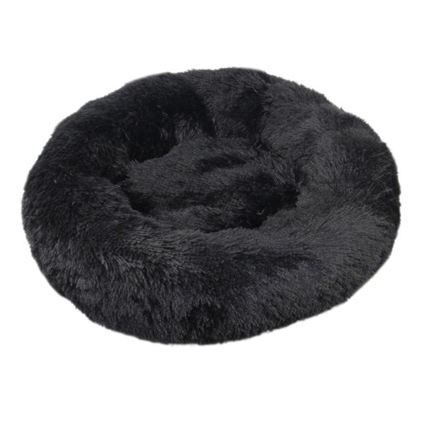 Microplys hundeseng formet som en donut Ø70 cm Blød rund seng med langt hår Åndbar og vaskbar angstdæmpende seng Komfortabel seng til små og mellemstore hunde sort