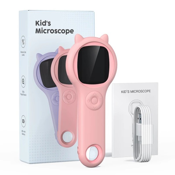 Microscop digital de buzunar pentru copii cu ecran, mărire și lumină LED – roz sau violet roz