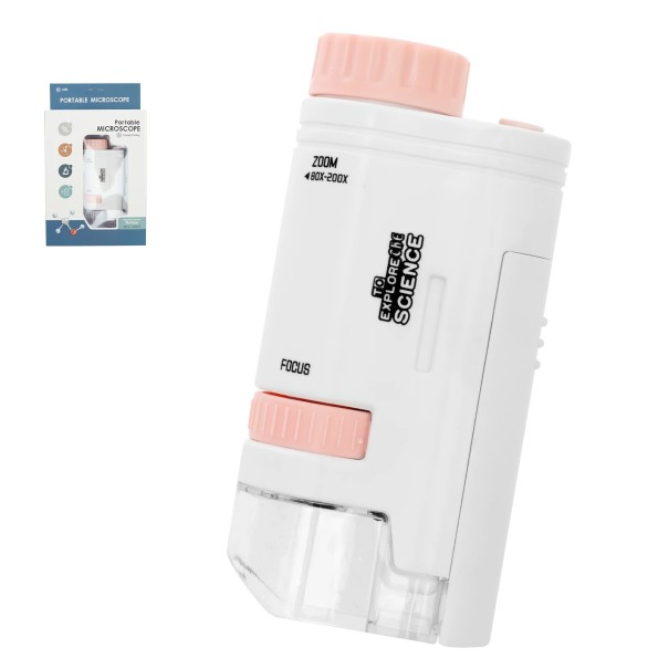 Microscop portabil pentru copii cu mărire 60–200x și iluminare LED, roz sau albastru roz