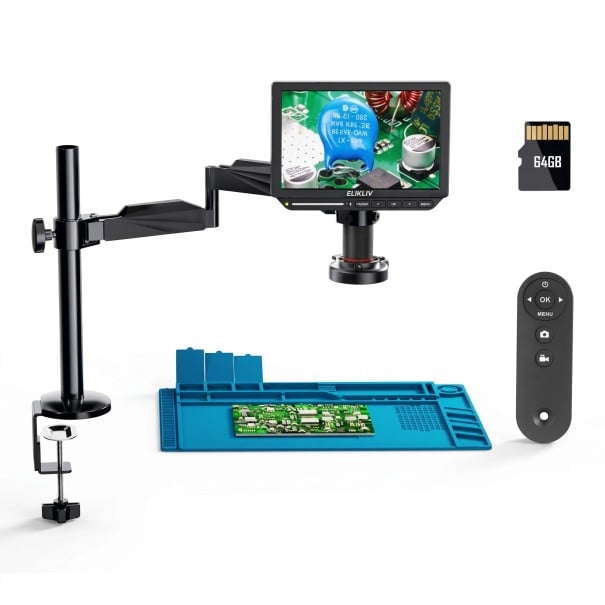 Microscópio digital de soldadura 4K com ecrã de 10,1" aumento de 2000x saída HDMI luz circular e braço preto para reparações de eletrónica 1