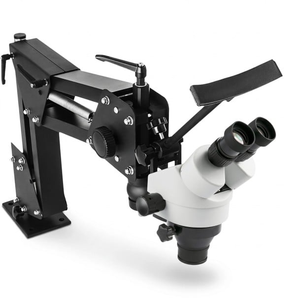 Microscópio estereoscópico para ourives 53,3 x 68,6 x 17,8 cm com zoom de 0,7x a 4,5x cabeça branca e braço multidirecional para engaste de pedras 1