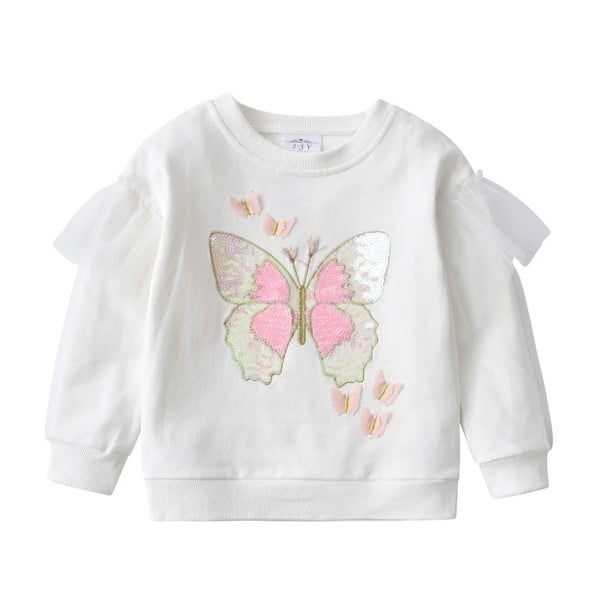 Micută fetiță albă cu broderie de fluture și decolteu rotund, cu mâneci lungi decorative și tivuri pentru fete 6
