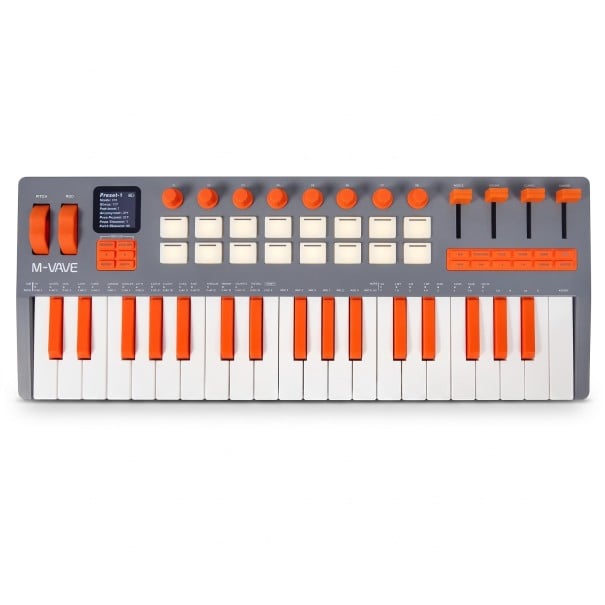 MIDI keyboard cu clape echilibrate și sintetizator FM, 37 clape, 16 pad-uri RGB, display 1,54", gri-portocalie, pentru studio și interpretare live 1