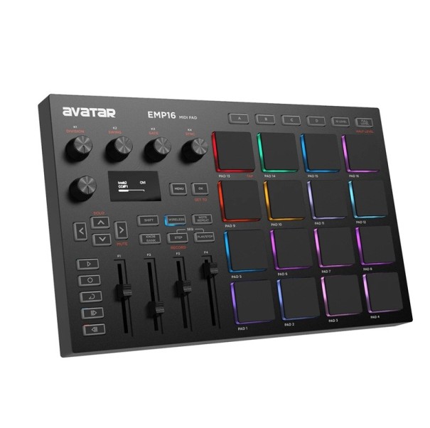 MIDI padový ovladač EMP16 16 RGB podsvícených padů a 64 přiřaditelných padů OLED displej Bluetooth 5.0 a USB MIDI černý do studia 1