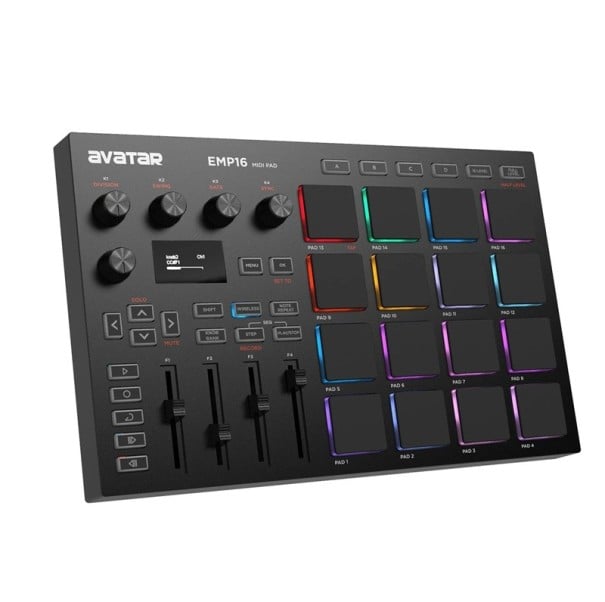 MIDI padowy kontroler EMP16 16 RGB podświetlanych padów i 64 przypisywalnych padów OLED wyświetlacz Bluetooth 5.0 i USB MIDI czarny do studia 1