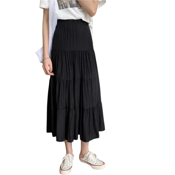 Midi Women's Summer Chiffon Skirt Elegant Vintage A-Line Cut High Elastic Waist Lightweight Airy Fabric Romantic Style black