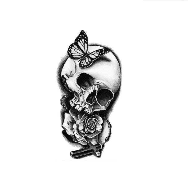 Midlertidig vandtæt tatovering til kvinder 11,5 x 21 cm Kranie med sommerfugl og rose Realistisk motiv Holder op til 15 dage Nem påføring Kropstatovering 1