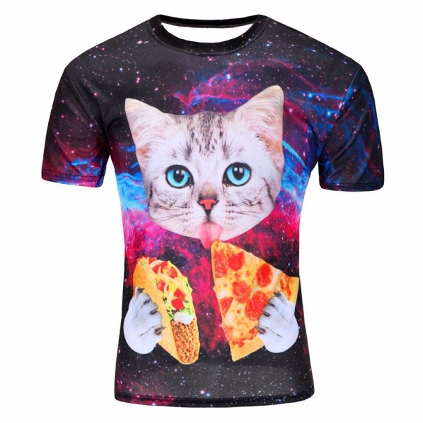 Miesten 3D-tulostettu T-paita - Kissa ja pizza XS
