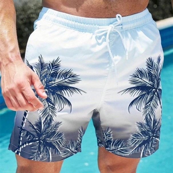 Miesten havaijilainen palmukuvioinen uimapuku, hengittävät ja nopeasti kuivuvat shortsit kesän löysään kesäuima-asuihin kiristysnyörillä valkoinen S