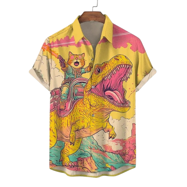 Miesten kauluspaita nappikauluksella Lyhyt hiha Polyesteri Spandex Keltainen Kissa dinosauruksen päällä Printti Kesäkauluspaita vapaa-ajan käyttöön XS