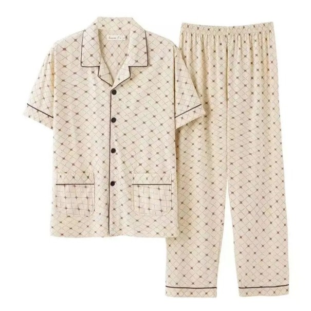 Miesten lyhythihainen pyjama beige hienolla kuviolla taskulliset housut kaulus napit polyesteri puuvilla XS