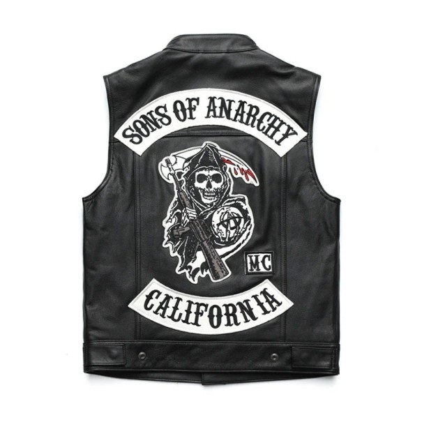 Miesten moottoripyöräilijän liivi, jossa on pääkallon painatus ja Sons of Anarchy -teksti, PU-nahkaa, musta, moottoripyöräilyyn ja moottoripyöräilijätyyliin M
