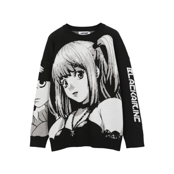 Miesten musta neule Japenilainen tyyli Anime Tyttö Neulottu neule anime-tytön printillä Tyylikäs katumuoti neule Polyesteri M
