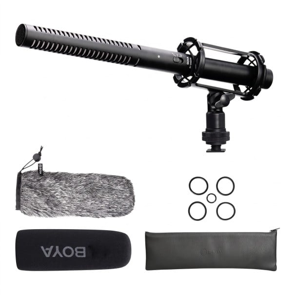 Mikrofon na kameru 38 x 2,2 cm v černé barvě s odpruženým držákem pěnovým a kožešinovým větrným krytem pro natáčení filmů a rozhovorů 1
