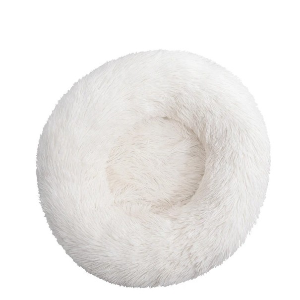 Mikroplyysikuvioinen koiranpeti donitsin muodossa Ø60 cm Pehmeä pyöreä peti pitkillä karvoilla Hengittävä ja pestävä ahdistusta lievittävä peti Mukava peti pienille ja keskikokoisille koirille valkoinen