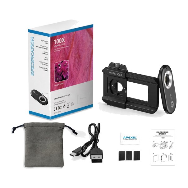 Mikroscope mobile 100x APEXEL avec lumière LED et UV Support pour téléphone 71–105 mm Filtre CPL Batterie USB-C Noir Pour l'exploration de la nature 1