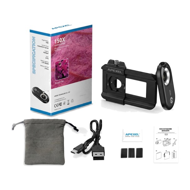 Mikroscopio per mobile 150x APEXEL con luce LED e UV Supporto per telefono 71–105 mm filtro CPL Batteria USB-C Nero per l'analisi dei dettagli 1