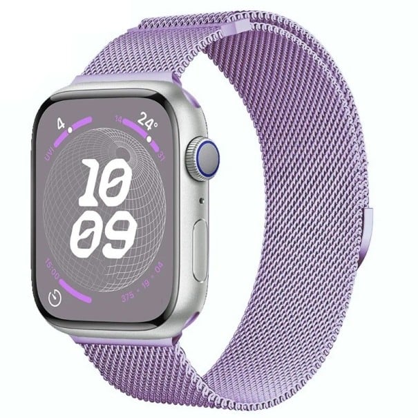 Milánský řemínek 42 mm 44 mm 45 mm 49 mm pro Apple Watch řady 1–9 SE SE2 Ultra Kovový magnetický pásek s plynulým nastavením délky fialová