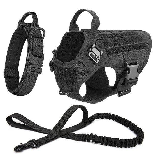 Militær hundesele, halsbånd og snorsæt Holdbar justerbar hundetræningsvest med velcro og åndbar sele med håndtag sort L
