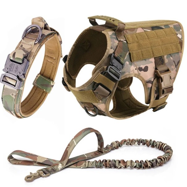 Militaire hondentuig, halsband en riemset, duurzaam verstelbaar klittenband hondentrainingsvest, ademend tuig met handvat camouflage L