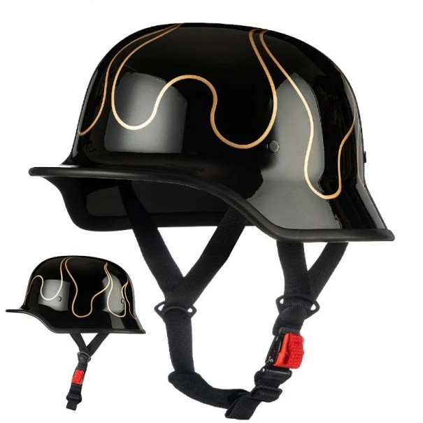 Militärische Motorradhelm im deutschen Stil Offen mit Schnellverschluss-Schnalle Schale aus ABS und PC Für Chopper Cruiser und Custom Motorrad schwarz M