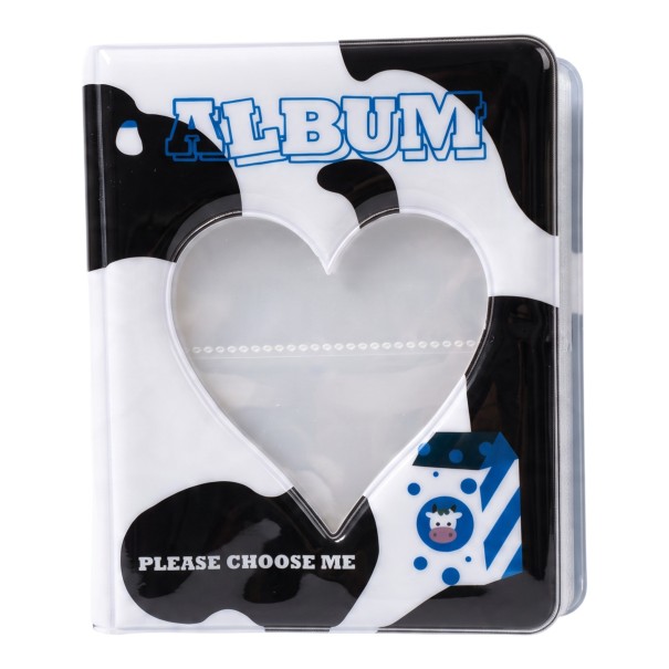 Mini album na zdjęcia 128 stron 14,8 x 11 cm Wzór w krowy z niebieskimi elementami Okienko w kształcie serca Na zdjęcia i kartoniki zdjęciowe 1