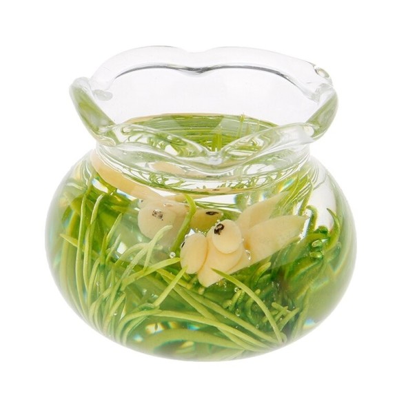Mini aquarium pour poupées Récipient en verre rond avec bord ondulé Imitation de plantes aquatiques et de poissons à l'intérieur Accessoire 3