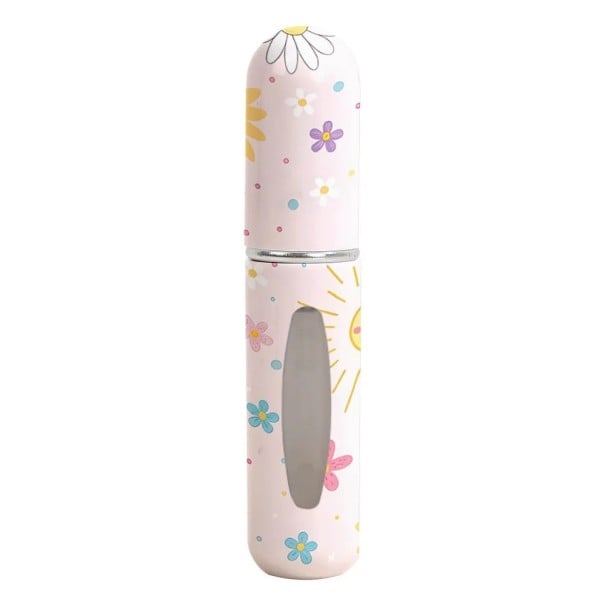 Mini atomiser för parfym med genomskinligt fönster 5 ml kompakt påfyllningsbar sprayflaska 8.2×1.52 cm ljusrosa med blommotiv för resor 1