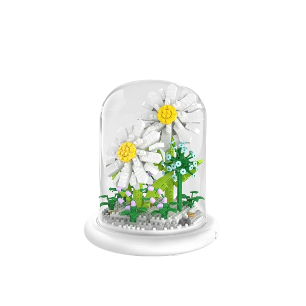 Mini-Bausatz Gänseblümchen auf hellem Sockel und in einer Glasabdeckung 13,5 x 11,7 cm AAA-Batterie Heimdekoration aus einem Bausatz Kinder-Klappspielzeug 550 Teile 1