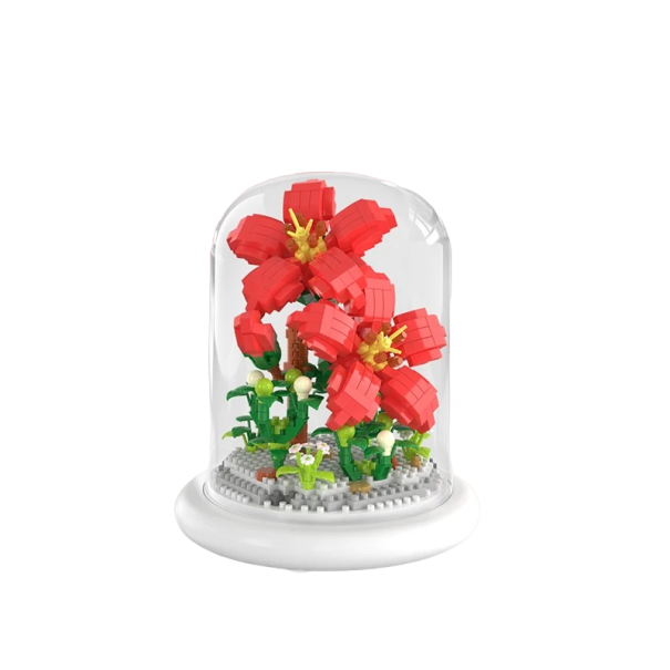 Mini-Bausatz mit roten Blumen auf leichter Basis und in einer Glasabdeckung, 13,5 x 11,7 cm, AAA-Batterie, Heimdekoration aus dem Bausatz, faltbares Kinderspielzeug, 640 Teile 1