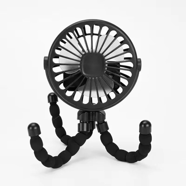 Mini bezlopatkový ventilátor s ohebným držákem na kočárek i stůl USB dobíjení skládací tichý provoz černá