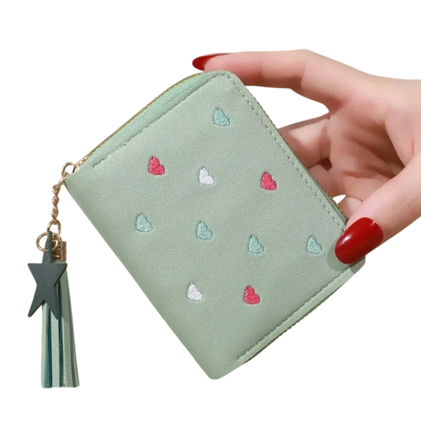 Mini billetera con corazones y borla con estrella 10,7x2x8,3 cm más de 6 compartimentos bolsillo con cremallera para monedas cremallera larga a lo largo de la billetera diseño elegante verde