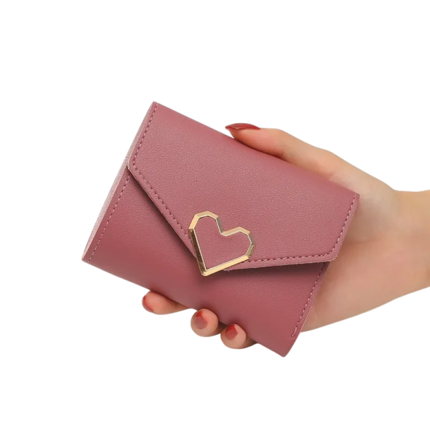 Mini billetera de mujer con corazón 11x9x1,5 cm elegante y práctica con 7 ranuras para tarjetas, compartimento transparente para fotos y espacio para billetes morado oscuro