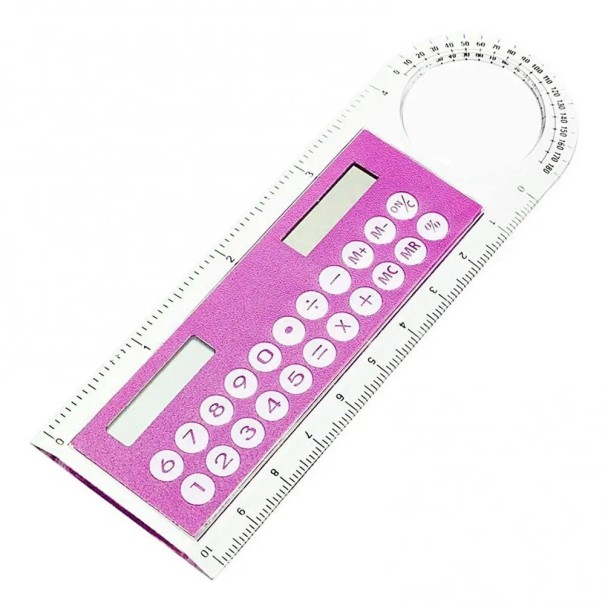Mini calculadora solar en forma de regla con lupa rosa