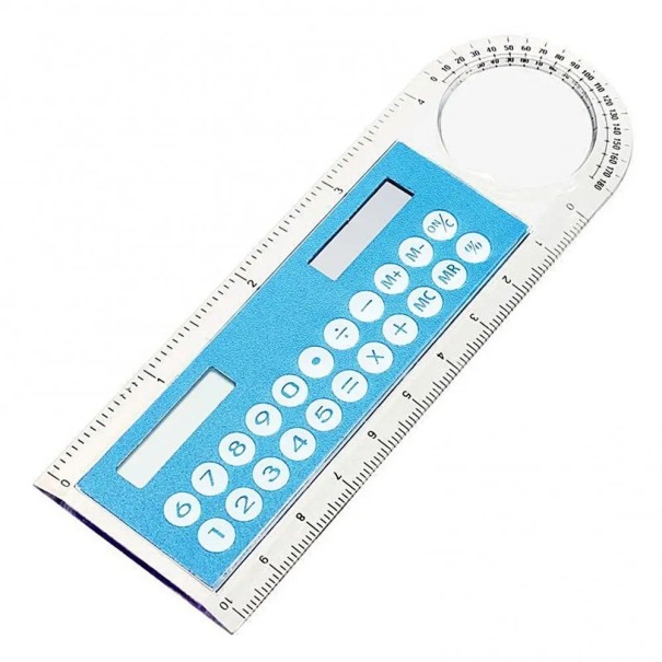Mini calculatrice solaire en forme de règle avec loupe bleu