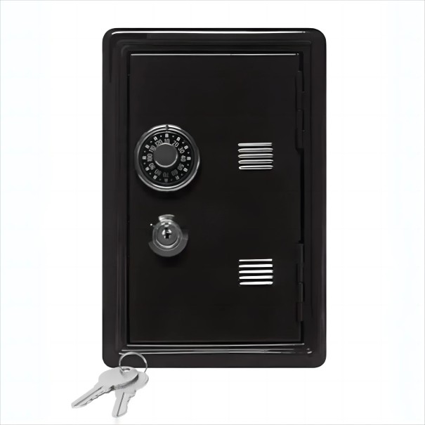 Mini cofre com chave e fechadura numérica rotativa, 10×12×18 cm, revestimento metálico resistente à corrosão, armazenamento compacto preto