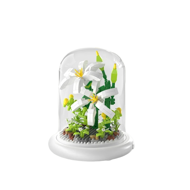 Mini construção lírio em base iluminada e sob cobertura de vidro 13,5 x 11,7 cm pilhas AAA 510 peças 1