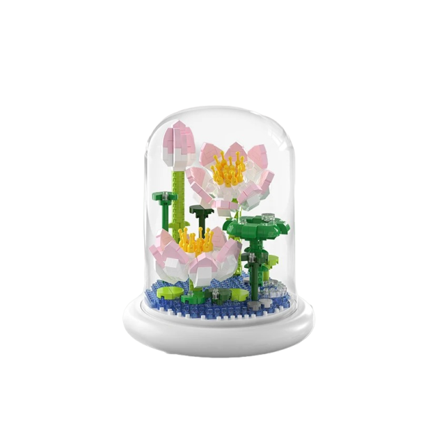 Mini costruzione di ninfee su base illuminata e sotto cupola di vetro 13,5 x 11,7 cm batterie AAA Decorazione per la casa da costruzione Giocattolo 1